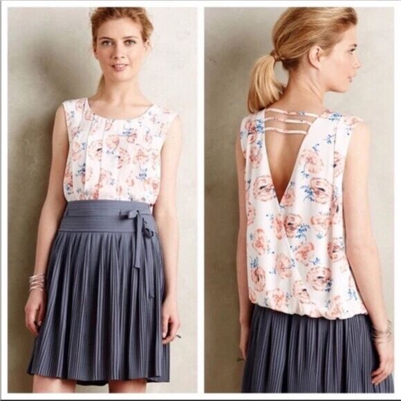 Anthropologie Meadow Rue Pleated Petals Tank Open Back Floral Blouse - L - Picture 7 of 7